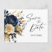 Navy Blue Gold Floral Elegant Save the Date Aankondigingskaart (Voorkant)