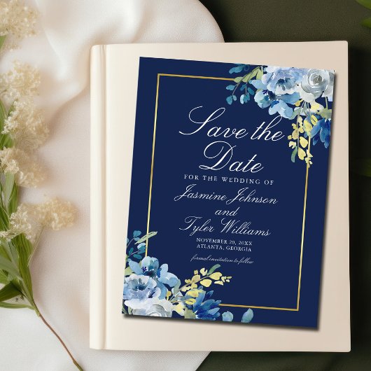 Navy Blue Gold Floral Elegant Save the Date Briefkaart