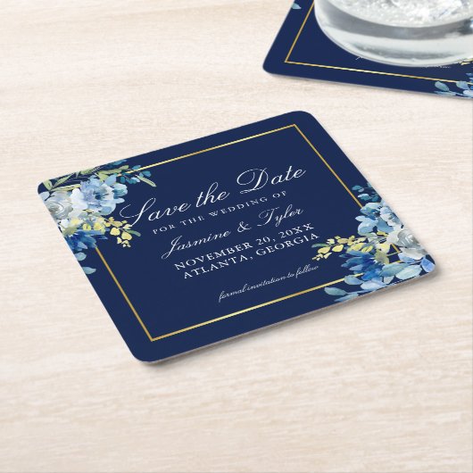 Navy Blue Gold Floral Elegant Save the Date Kartonnen Onderzetters (Schuin)