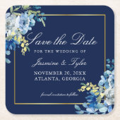 Navy Blue Gold Floral Elegant Save the Date Kartonnen Onderzetters (Voorkant)
