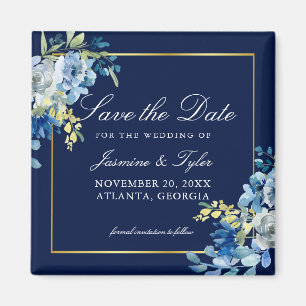 Navy Blue Gold Floral Elegant Save the Date Magneet