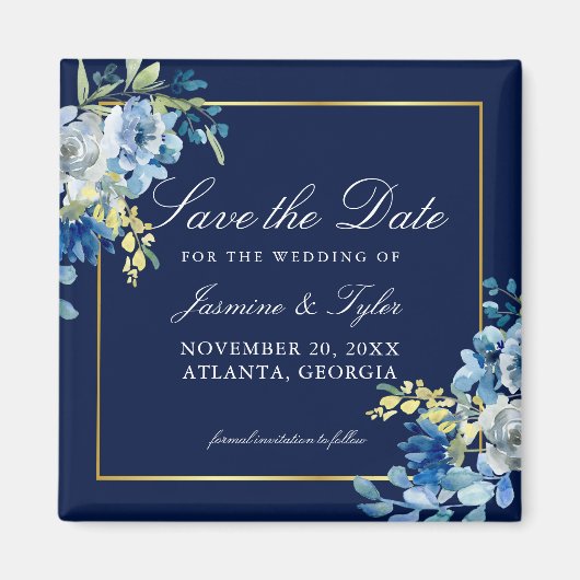 Navy Blue Gold Floral Elegant Save the Date Magneet (Voorkant)