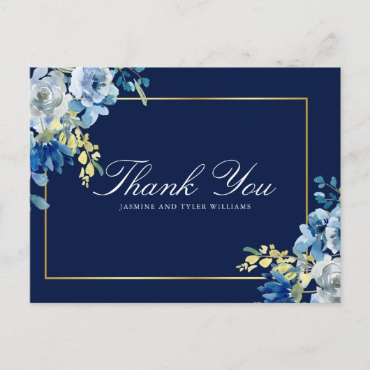 Navy Blue Gold Floral Elegant Script Hartelijk dan Briefkaart (Voorkant)