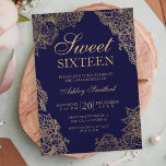 Navy blue gold floral elegant Sweet sixteen Kaart<br><div class="desc">Een moderne,   en elegante goudflorale illustratie en marinesblauw Sweet zestien feestdagen met gouden bloemen.</div>