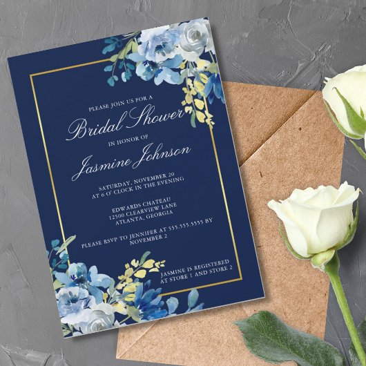 Navy Blue Gold Floral Elegant Vrijgezellenfeest Kaart