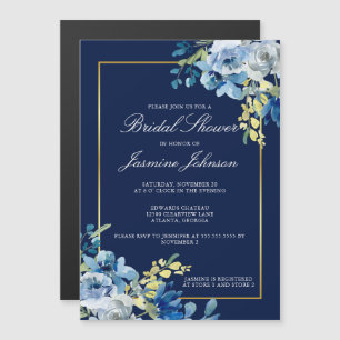 Navy Blue Gold Floral Elegant Vrijgezellenfeest Magnetische Uitnodiging