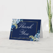Navy Blue Gold Floral Elegant White Script vouwd Bedankkaart (Voorkant)