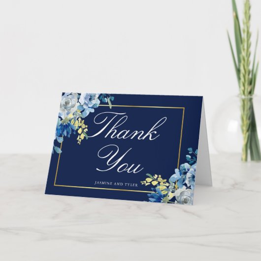 Navy Blue Gold Floral Elegant White Script vouwd Bedankkaart (Voorkant)