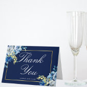 Navy Blue Gold Floral Elegant White Script vouwd Bedankkaart