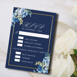Navy Blue Gold Floral Meal Choice Elegant Wedding RSVP Kaartje