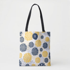 Navy Blue Gold Floral Monogram Tote Bag