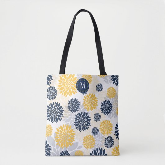 Navy Blue Gold Floral Monogram Tote Bag (Voorkant)