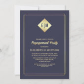 Navy blue | Gold Floral Pattern Engagement Party Kaart (Voorkant)
