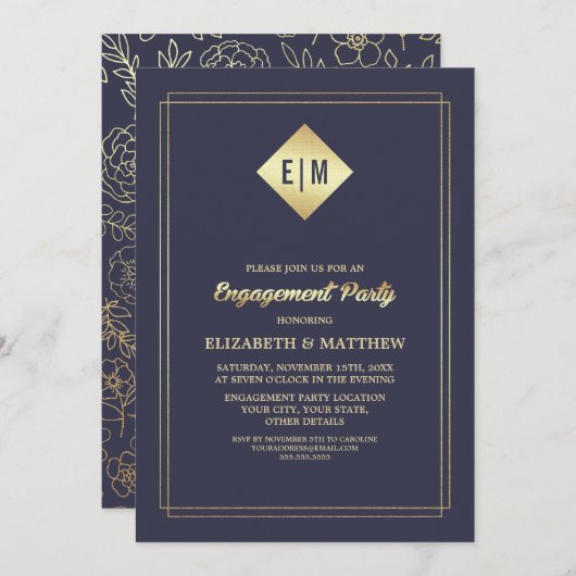 Navy blue | Gold Floral Pattern Engagement Party Kaart (Voorkant / Achterkant)
