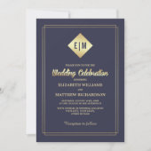 Navy blue | Gold Floral Pattern Wedding Kaart (Voorkant)