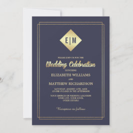 Navy blue | Gold Floral Pattern Wedding Kaart