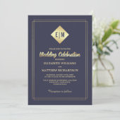 Navy blue | Gold Floral Pattern Wedding Kaart (Staand voorkant)