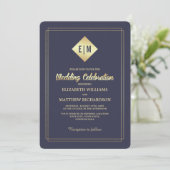 Navy blue | Gold Floral Pattern Wedding Kaart (Staand voorkant)
