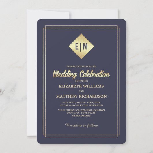 Navy blue | Gold Floral Pattern Wedding Kaart (Voorkant)