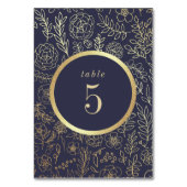 Navy Blue, Gold Floral Pattern Wedding Kaart (Achterkant)