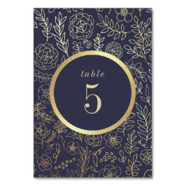 Navy Blue, Gold Floral Pattern Wedding Kaart