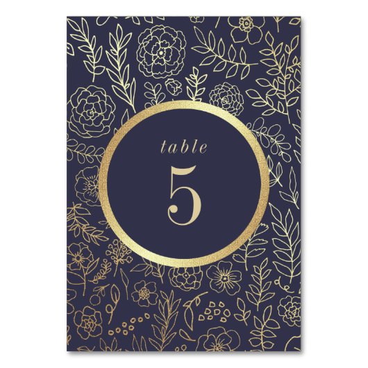 Navy Blue, Gold Floral Pattern Wedding Kaart (Voorkant)