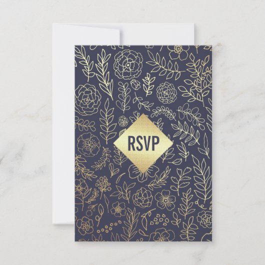 Navy Blue Gold Floral Pattern Wedding RSVP Kaartje (Voorkant)
