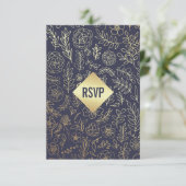 Navy Blue Gold Floral Pattern Wedding RSVP Kaartje (Staand voorkant)