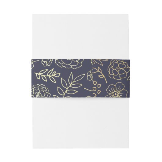 Navy blue | Gold Floral Pattern Wedding Uitnodigingen Wikkel (Achterkant Voorbeeld)