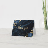 Navy Blue Gold Floral Script Wedding Bedankkaart (Voorkant)