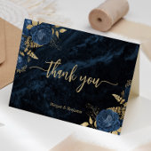 Navy Blue Gold Floral Script Wedding Bedankkaart