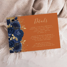 Navy Blue Gold Floral Verbrand Sinaasappel Wedding Informatiekaartje
