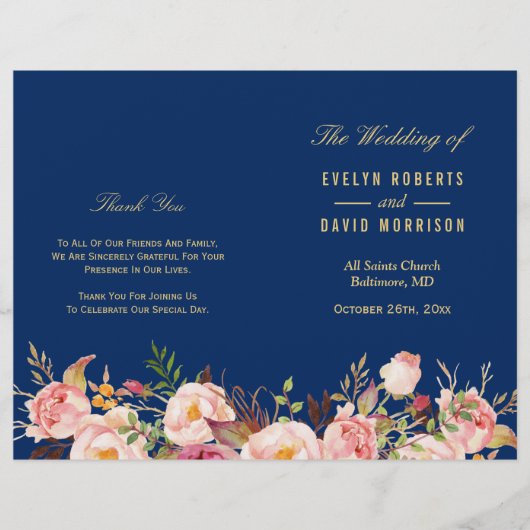 Navy Blue Gold Floral vouded Wedding Programme (Voorkant)