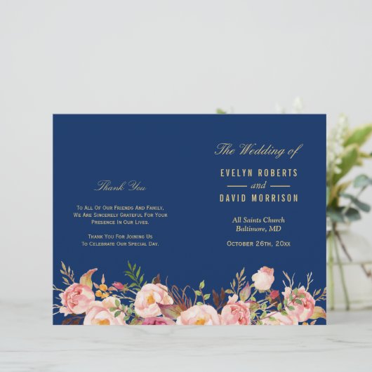 Navy Blue Gold Floral vouded Wedding Programme (Staand voorkant)