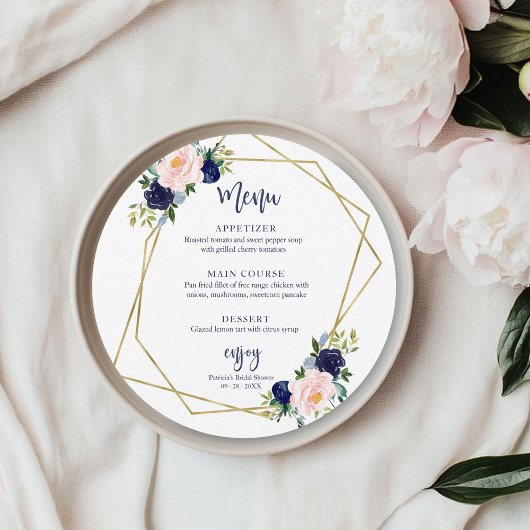 Navy Blue Gold Floral Vrijgezellenfeest Rond menu Kaart