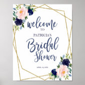 Navy Blue Gold Floral Vrijgezellenfeest Welkom Poster (Voorkant)