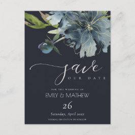 NAVY BLUE GOLD FLORAL WATERVERF BEWAART DE DATUM AANKONDIGINGSKAART