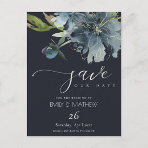 NAVY BLUE GOLD FLORAL WATERVERF BEWAART DE DATUM AANKONDIGINGSKAART