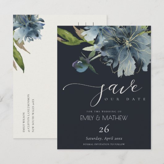 NAVY BLUE GOLD FLORAL WATERVERF BEWAART DE DATUM AANKONDIGINGSKAART (Voorkant / Achterkant)