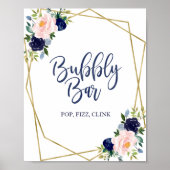 Navy Blue Gold Floral Waterverf Bubble Bar Sign Poster (Voorkant)