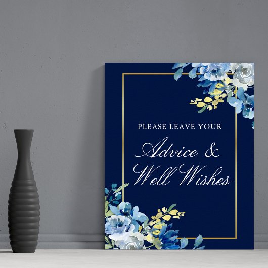 Navy Blue Gold Floral Wedding Advice & Well Wishes Poster