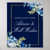 Navy Blue Gold Floral Wedding Advice & Well Wishes Poster (Voorkant)