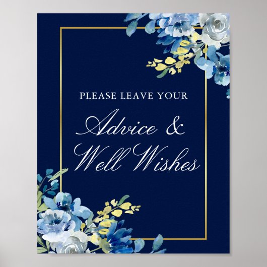 Navy Blue Gold Floral Wedding Advice & Well Wishes Poster (Voorkant)