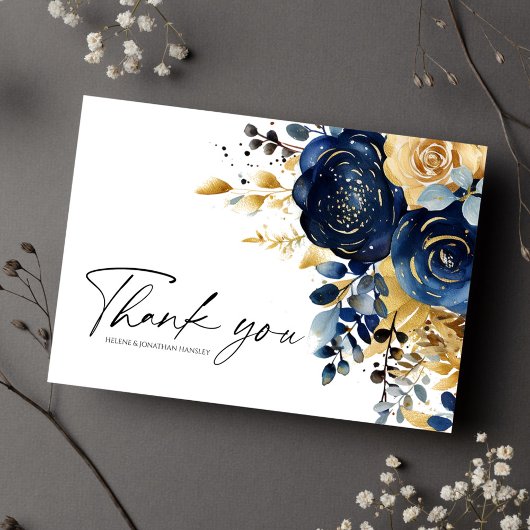 Navy Blue Gold Floral Wedding Bedankkaart