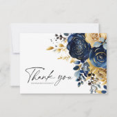 Navy Blue Gold Floral Wedding Bedankkaart (Voorkant)
