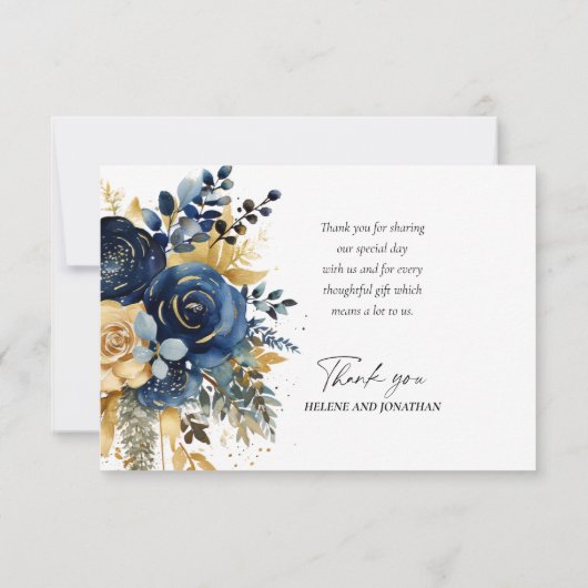 Navy Blue Gold Floral Wedding Bedankkaart (Achterkant)