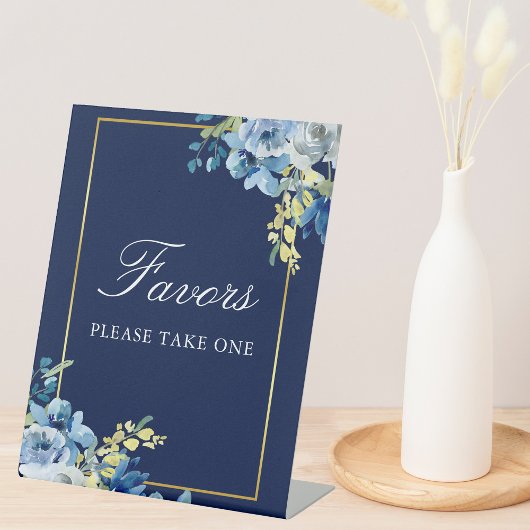 Navy Blue Gold Floral Wedding Chic Favors Table Reclamebord Met Voetstuk