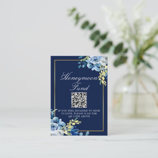 Navy Blue Gold Floral Wedding Chic Honeymoon Fonds Informatiekaartje (Staand voorkant)