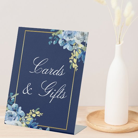 Navy Blue Gold Floral Wedding Chic Kaarten & Gifts Reclamebord Met Voetstuk