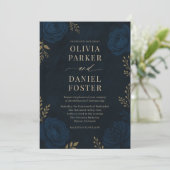 Navy Blue Gold Floral Wedding Kaart (Staand voorkant)